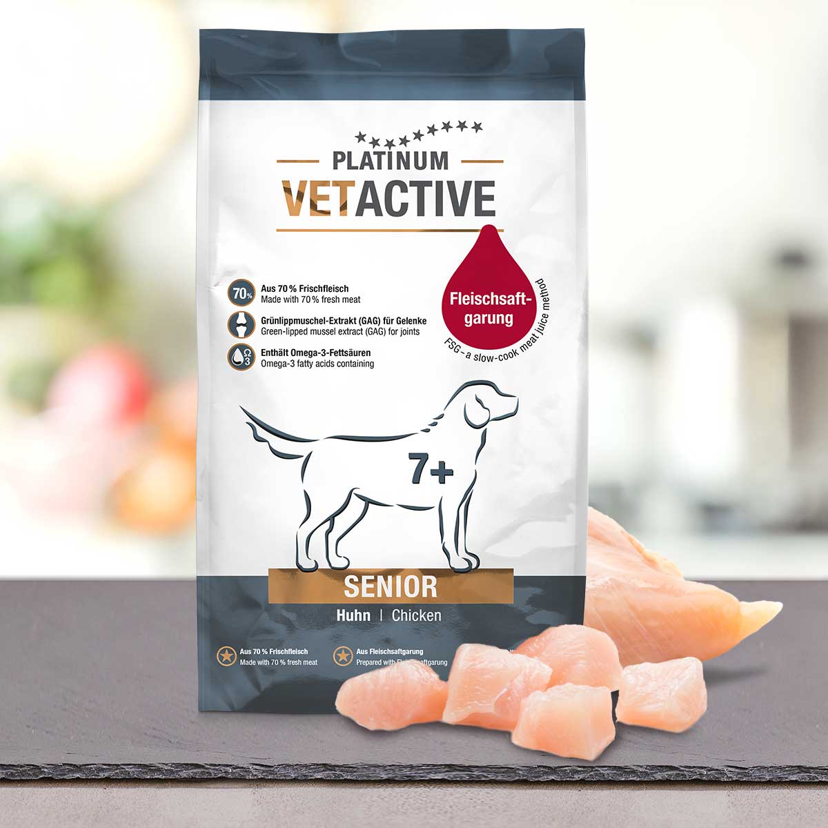 PLATINUM VETACTIVE SENIOR - Πλήρης Τροφή για Ηλικιωμένους Σκύλους με 70% Φρέσκο Κοτόπουλο (7+ ετών) PLATINUM VETACTIVE SENIOR κλινική τροφή με 70% φρέσκο κοτόπουλο για ηλικιωμένους σκύλους 7+ ετών, υποστήριξη αρθρώσεων και μυών